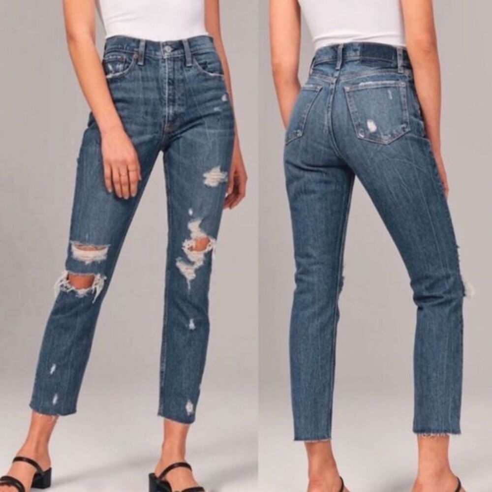 A&F High Rise Mom Jean 25 Regular‎ Ripped Dark Wash